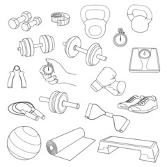 Hand drawn set of fitness accessories