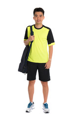 asian badminton chinese player with bag in white background