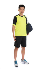 asian badminton chinese player with bag in white background