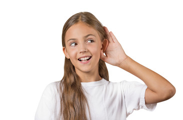 Curious girl listens, eavesdropping isolated on white background