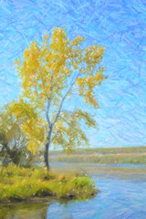 Autumn landscape. Yellow tree next to the river. Digital structu