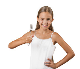 Smiling teenager girl holding a fork isolated white background