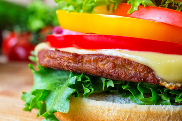 close up of homemade hamburger on white plate