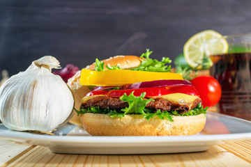 homemade hamburger with fresh vegetables, close up