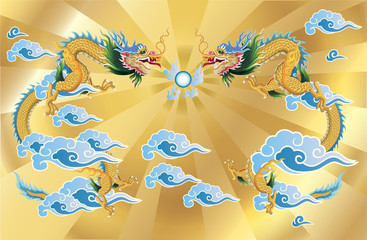 2 dragons and crystal ball on gold background