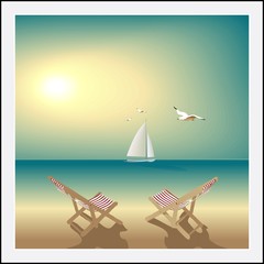 Seascape deserted beach  lounge chairs sailboat and seagulls