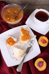 light breakfast with cup of tea and homemade jam on wooden