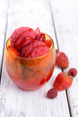 Delicious ice cream on table close-up