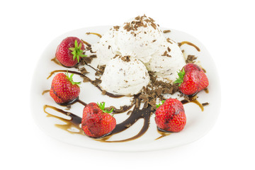 Ice cream with chocolate and strawberry
