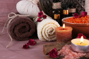 Composition with spa treatment on wooden background