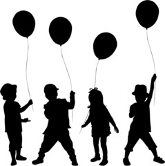 Silhouettes of children with balloon.