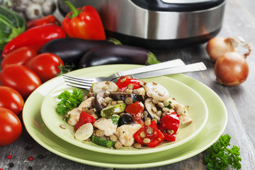 Vegetables, steamed with chicken and green lentils