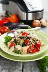Vegetables, steamed with chicken and green lentils
