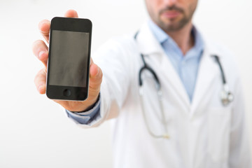 Professional Doctor handing a smartphone