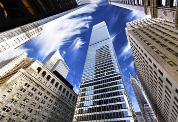 Fototapeta na wymiar Skyscrapers in Lower Manhattan, looking up at sky, New York City