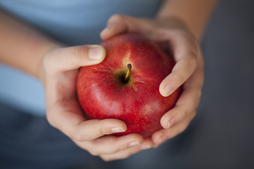Child's hands holding a red apple