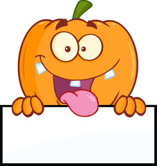 Goofy Halloween Pumpkin Cartoon Character Over A Blank Sign