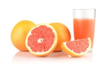 Fototapeta na wymiar Studio shot sliced three grapefruits with juice isolated white