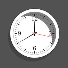 Icon of white clock with shadow. Vector