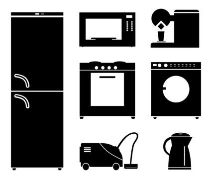 Set of black icons of household appliances.