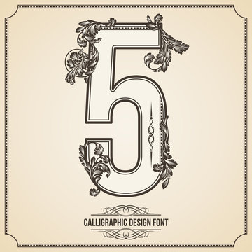 Calligraphic Font. Number 5. Vector Design Background