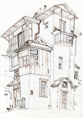 Rickety old house with verandas.
