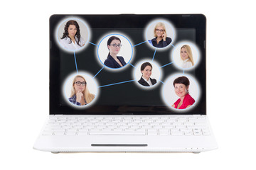 little laptop with social network on screen isolated on white