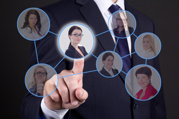 job search concept - business man pressing buttons with people p