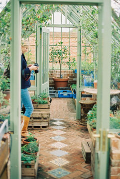 A woman in a conservatory, holding a camera, surrounded by plants.