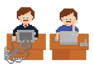 pixel art illustration shows office table with wireless and