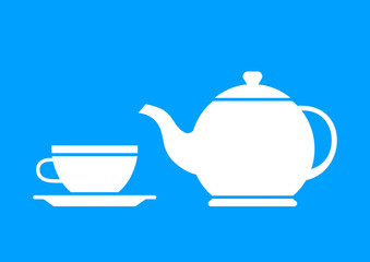 White teapot and teacup on blue background