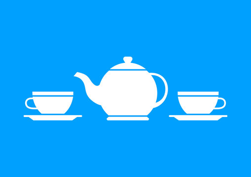 White teapot and teacup on blue background