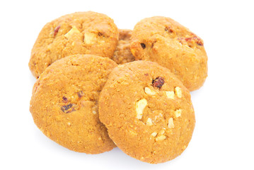 Oatmeal cookies with raisin on a white background