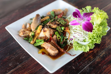 Thailand food fried pepper vegetable and fish in disc