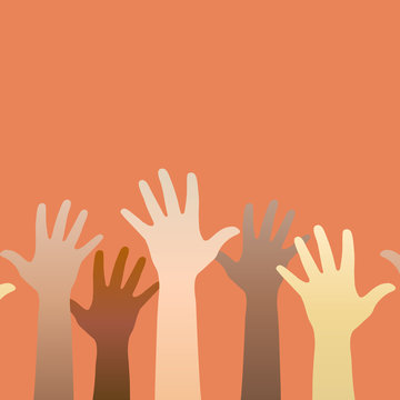 Hands raised up. Concept of volunteerism, multi-ethnicity, equal