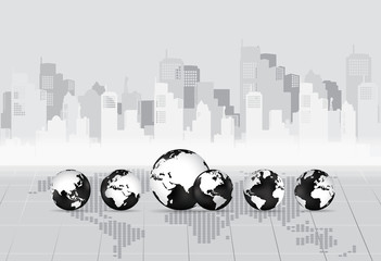 Modern globe with building background. Vector illustration.