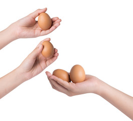 hand holding eggs over white background