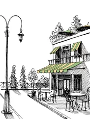 Papier Peint photo Restaurant Street view of a retro city restaurant terrace, vector sketch