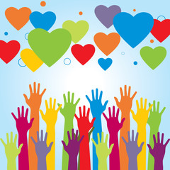 Silhouettes of human hands and icons of hearts.