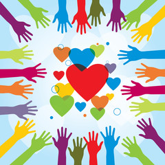 Silhouettes of human hands and icons of hearts.