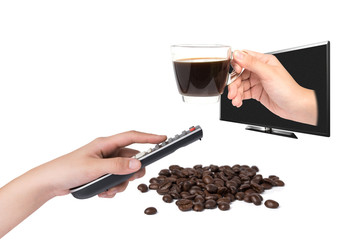hand hold cup of coffee on monitor screen concept for Globalizat