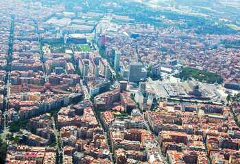 Aerial view of Barcelona with Sants station from helicopter
