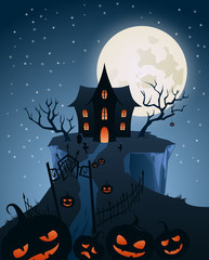 halloween illustration. House in hill