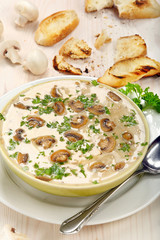 Mushroom soup with croutons on wooden background