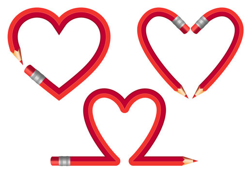 red pencil hearts, vector set