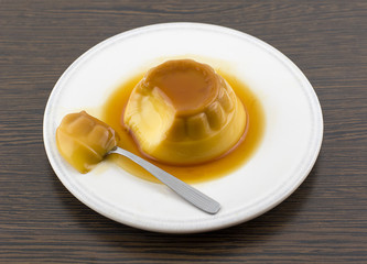 Creme caramel vanilla custard dessert or flan on white dish