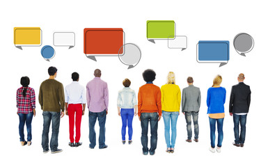 Rear View of Diverse People and Empty Speech Bubbles