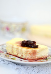 Cottage cheese cake with jam, selective focus