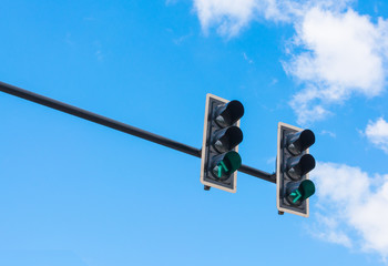 image of traffic light, the green light is lit. symbolic  for go