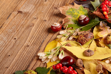 Autumn leaves over wooden background with copy space